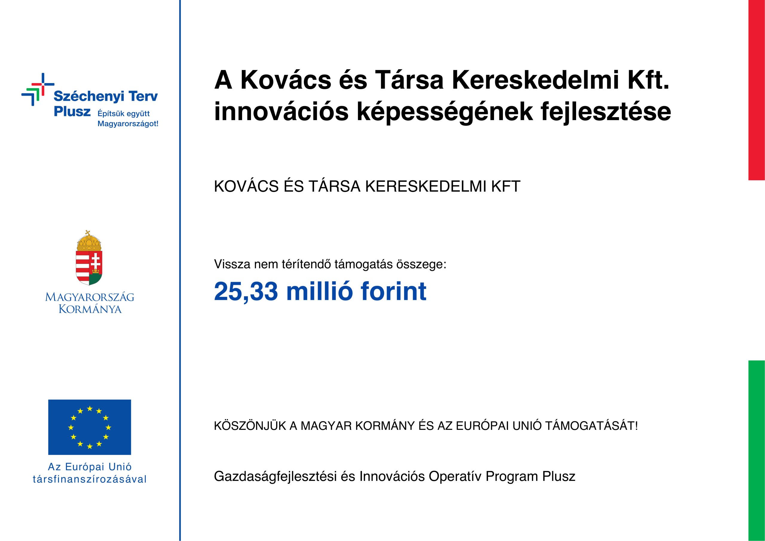 GINOP Plusz-2.1.3 projekt – Kovács és Társa Kereskedelmi Kft.